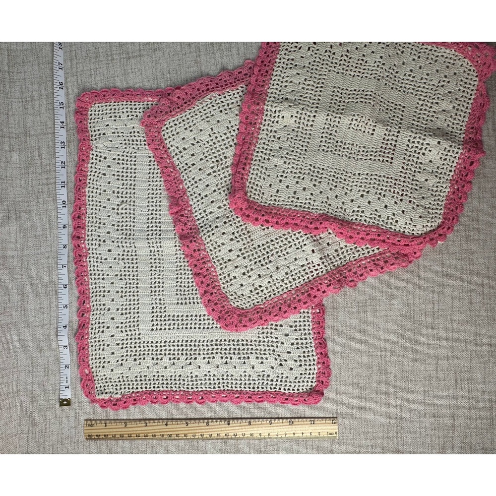 Vintage Hand Crocheted Dresser Scarf Vanity Set 3 Pc Pink Trim
